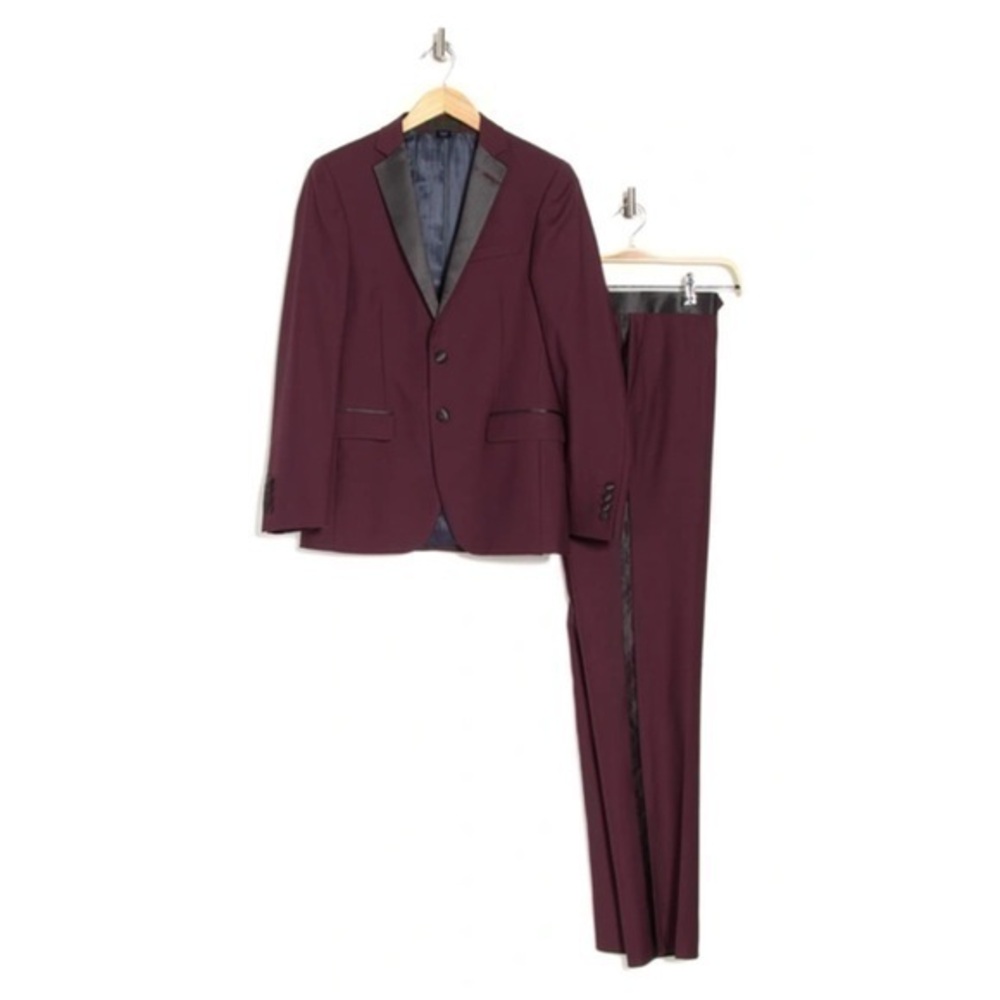 Zanetti Sienna Two Button Notch Collar Burgundy Wool Slim Fit Contrast Tuxedo